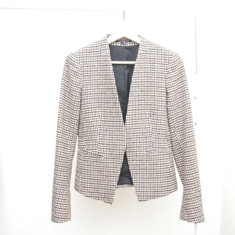 Theory Wool Houndstooth Open Blazer Jacket Tan